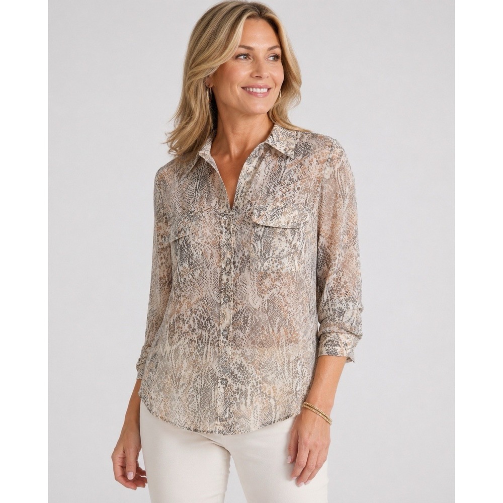 Chico's Size 1 Sheer Snakeskin Print Blouse Beige Gray Button‎ Front 8/10